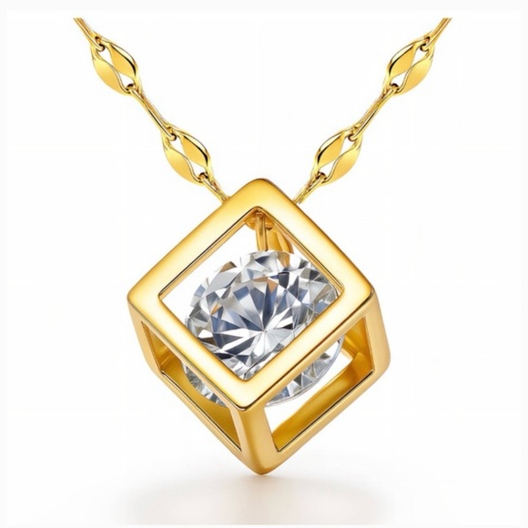 18k Gold Plated Cubic Zirconia Square Floating Diamond Pendant Necklace - Picture 2 of 3